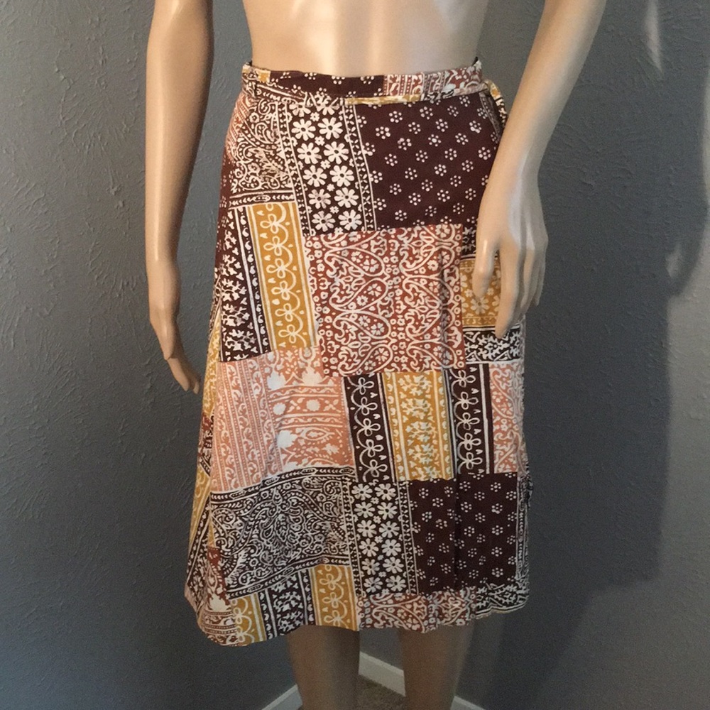 Vintage Brown & Yellow Wrap Patch Pattern Skirt